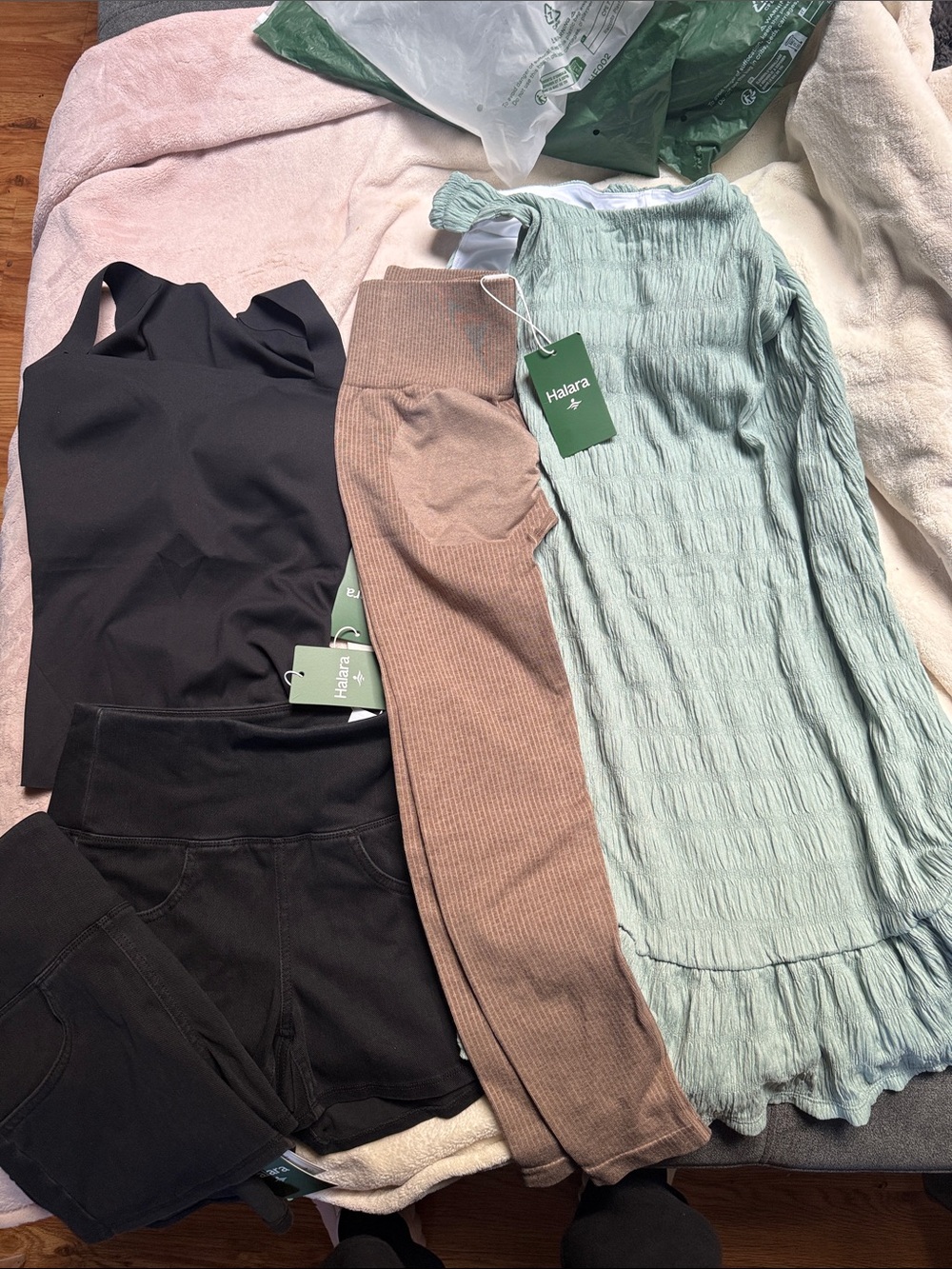 HALARA Black Sports Tank, Tan Ribbed Leggings & Mint Crinkle Dress lot